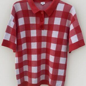 Kule Brie Polo Gingham Short Sleeve 100% Cotton Knit Poppy Red Knit Top M NEW